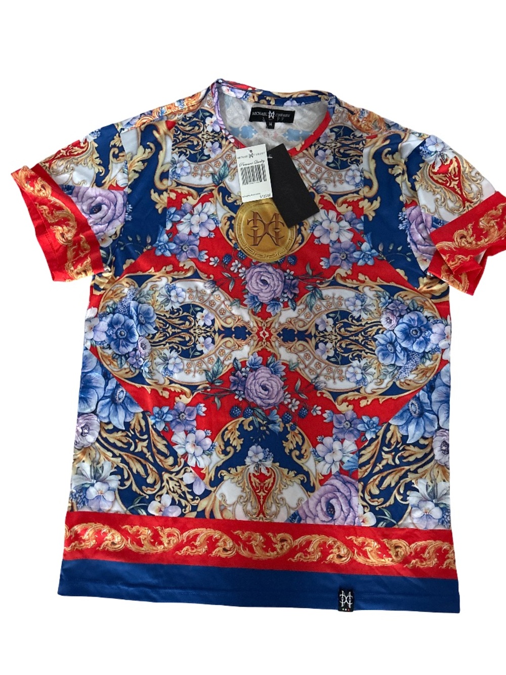 Baroque Floral Short Sleeve Tee in Red & Blue